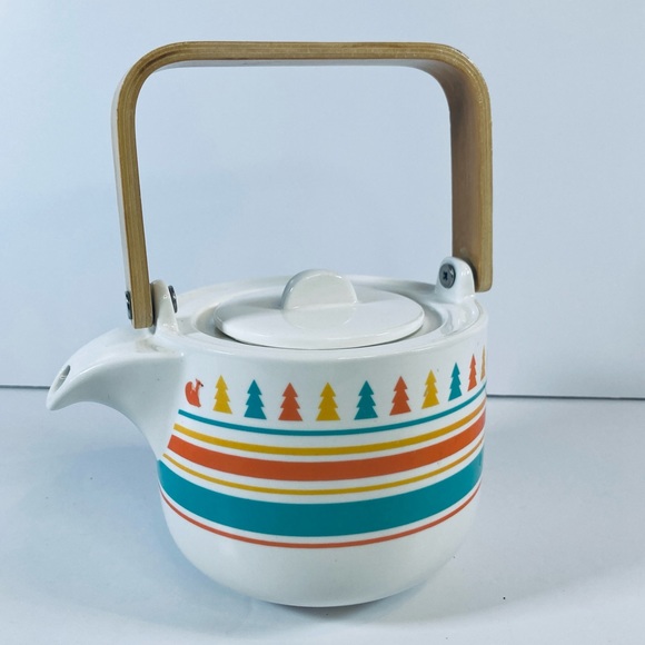 David’s Tea Cute Trees Foxes Wood Handle Ceramic Pastel Striped Teapot No Cup - Picture 1 of 8